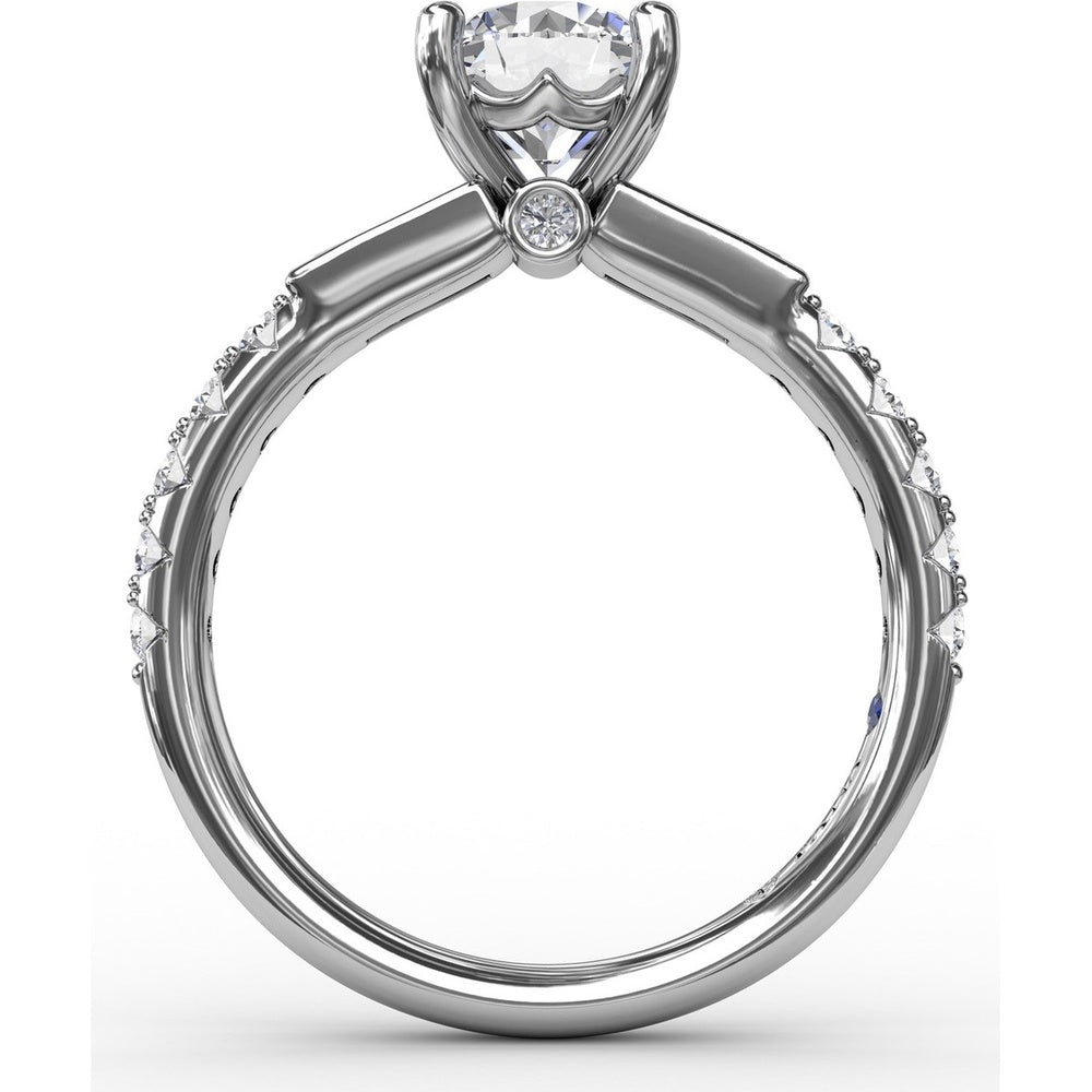 Three-Stone Engagement Ring Setting with Bezel-Set Tapered Baguettes and Pavé Diamond Band - 0.60 Carat Total Side Stone Weight by Fana