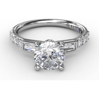 Three-Stone Engagement Ring Setting with Bezel-Set Tapered Baguettes and Pavé Diamond Band - 0.60 Carat Total Side Stone Weight by Fana