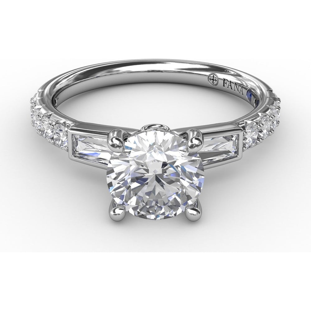 Three-Stone Engagement Ring Setting with Bezel-Set Tapered Baguettes and Pavé Diamond Band - 0.60 Carat Total Side Stone Weight by Fana