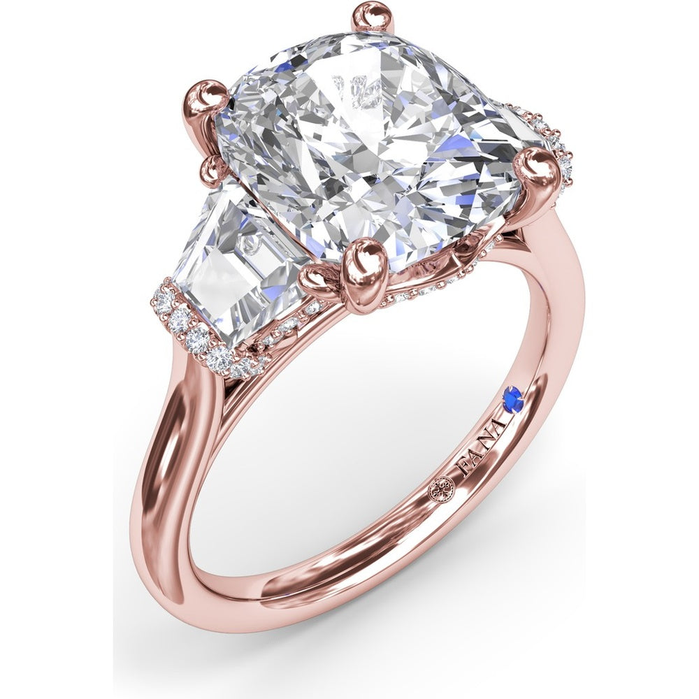 Three Stone Engagement Ring Setting with Cushion Cut Center and Trapezoid Diamonds by Fana - 0.95 Carat Total Diamond Weight