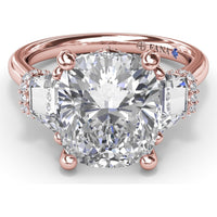 Three Stone Engagement Ring Setting with Cushion Cut Center and Trapezoid Diamonds by Fana - 0.95 Carat Total Diamond Weight