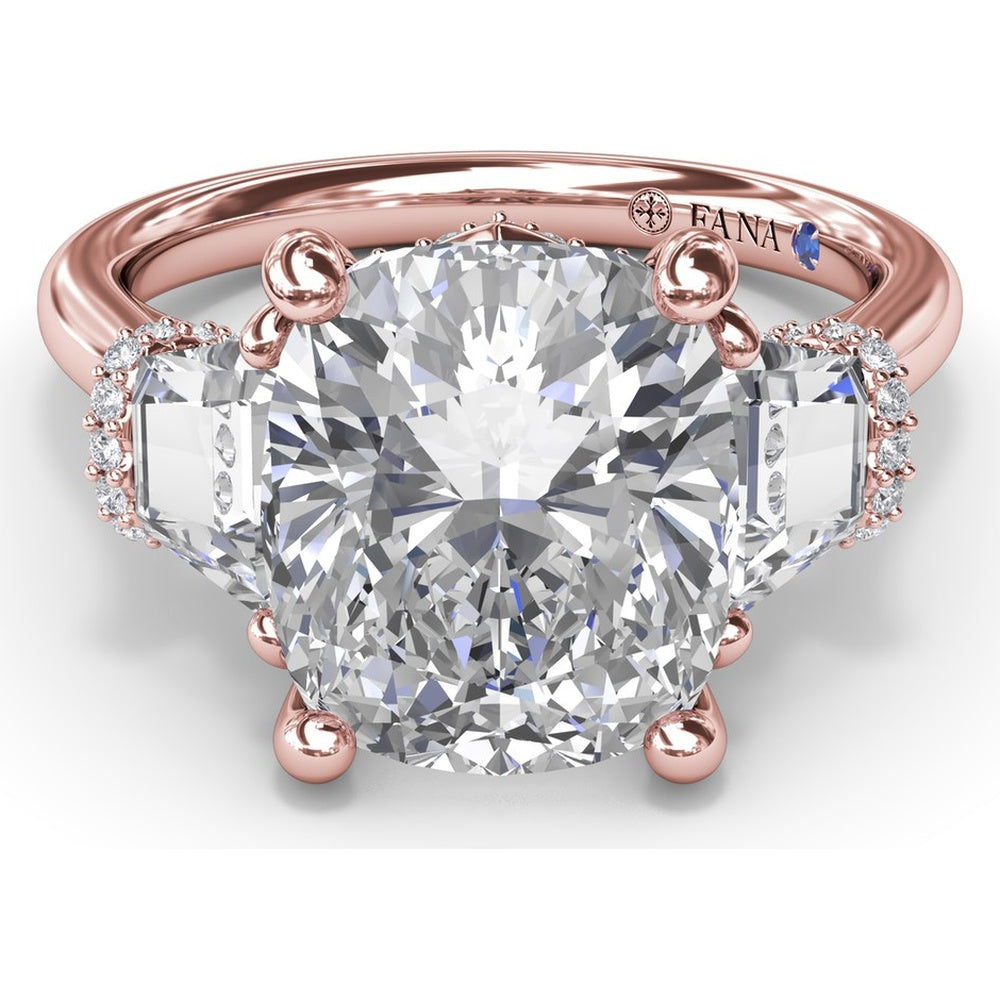 Three Stone Engagement Ring Setting with Cushion Cut Center and Trapezoid Diamonds by Fana - 0.95 Carat Total Diamond Weight