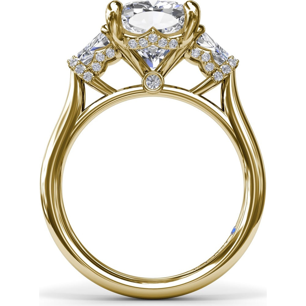 Three Stone Engagement Ring Setting with Cushion Cut Center and Trapezoid Diamonds by Fana - 0.95 Carat Total Diamond Weight
