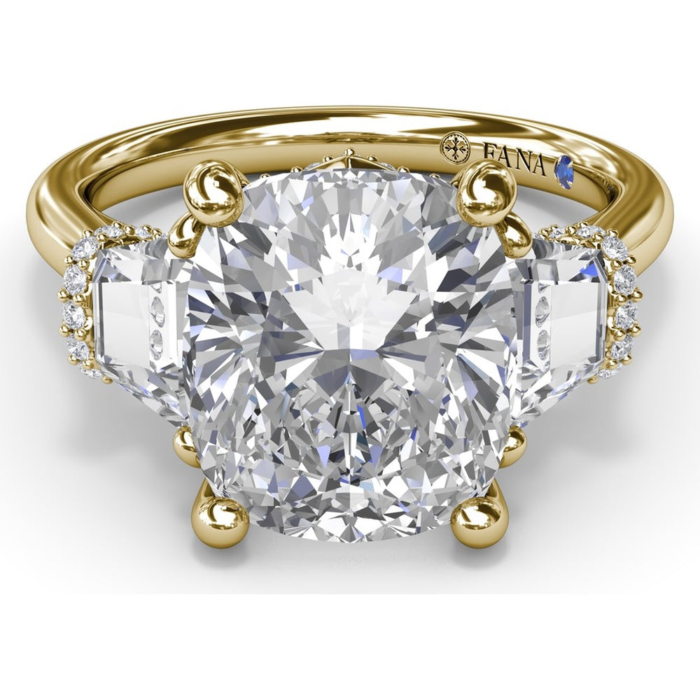 Three Stone Engagement Ring Setting with Cushion Cut Center and Trapezoid Diamonds by Fana - 0.95 Carat Total Diamond Weight