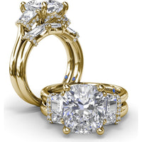 Three Stone Engagement Ring Setting with Cushion Cut Center and Trapezoid Diamonds by Fana - 0.95 Carat Total Diamond Weight