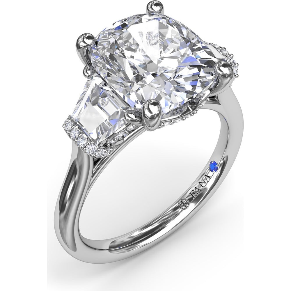 Three Stone Engagement Ring Setting with Cushion Cut Center and Trapezoid Diamonds by Fana - 0.95 Carat Total Diamond Weight