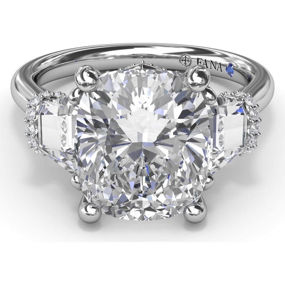 Three Stone Engagement Ring Setting with Cushion Cut Center and Trapezoid Diamonds by Fana - 0.95 Carat Total Diamond Weight
