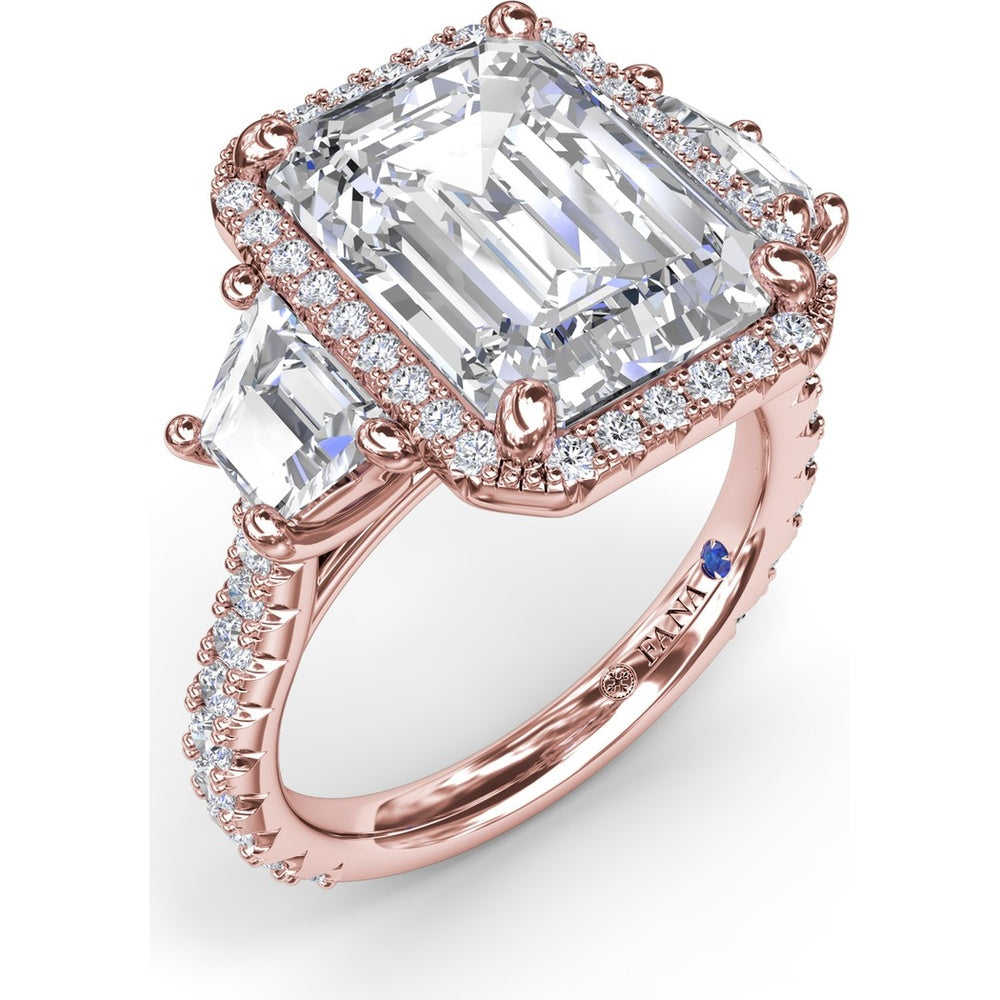 Three Stone Engagement Ring Setting with Diamond Halo and Trapezoid Side Stones by Fana - 2.06 Carat Total Diamond Weight