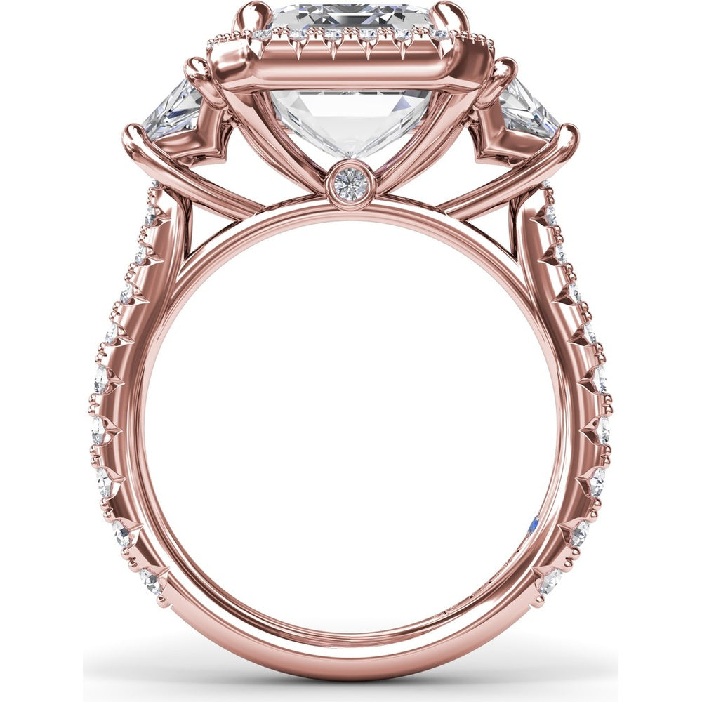 Three Stone Engagement Ring Setting with Diamond Halo and Trapezoid Side Stones by Fana - 2.06 Carat Total Diamond Weight
