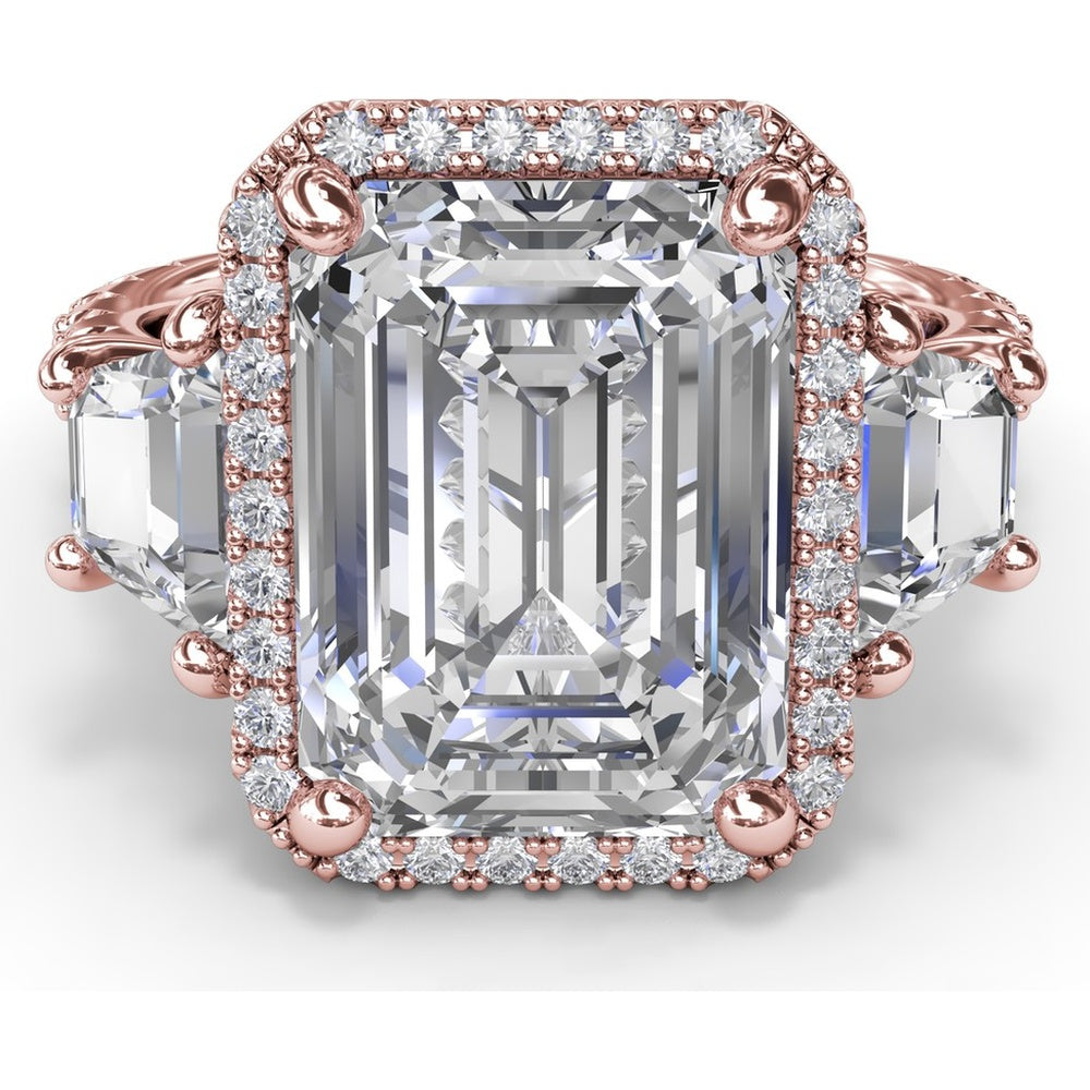 Three Stone Engagement Ring Setting with Diamond Halo and Trapezoid Side Stones by Fana - 2.06 Carat Total Diamond Weight