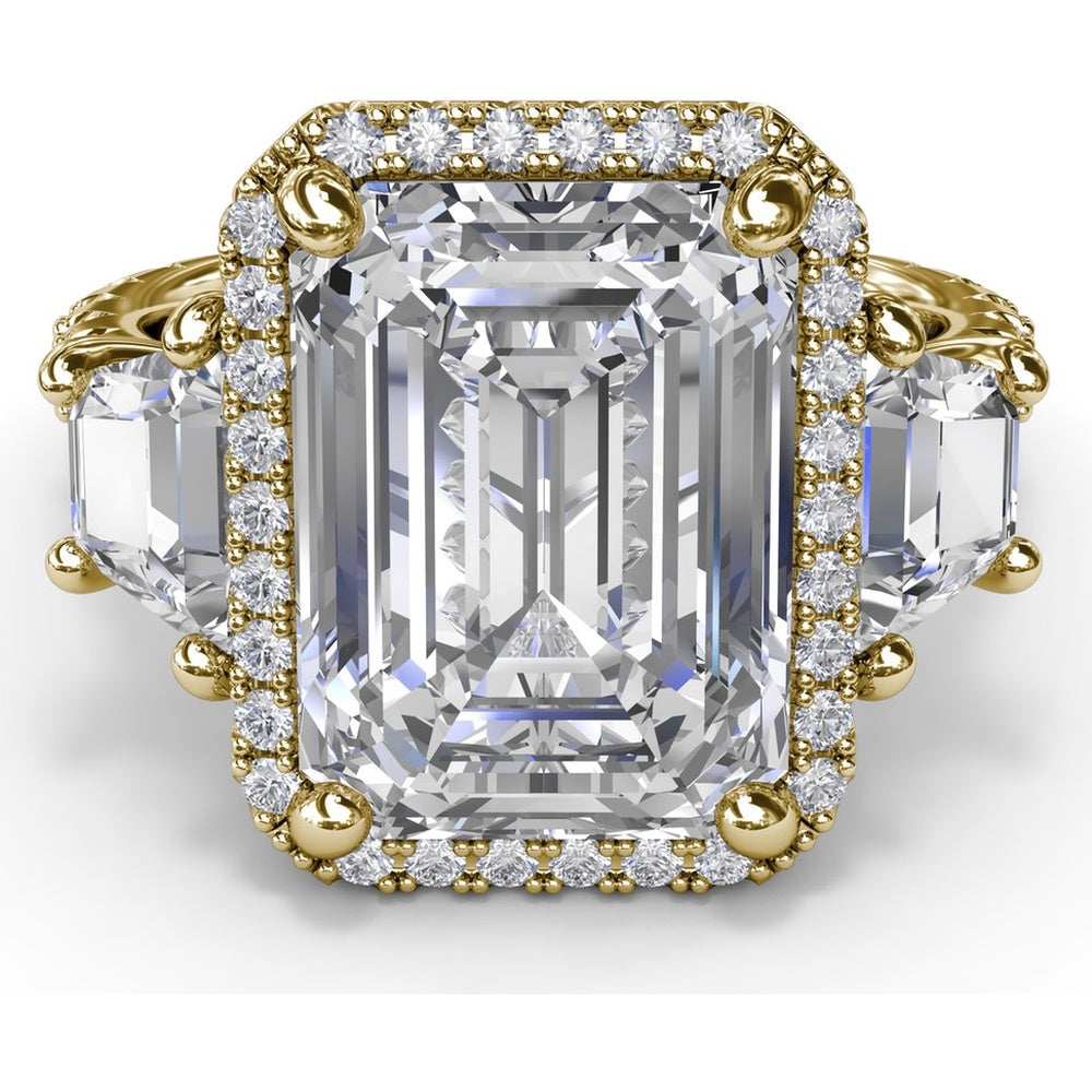 Three Stone Engagement Ring Setting with Diamond Halo and Trapezoid Side Stones by Fana - 2.06 Carat Total Diamond Weight