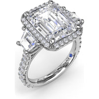 Three Stone Engagement Ring Setting with Diamond Halo and Trapezoid Side Stones by Fana - 2.06 Carat Total Diamond Weight