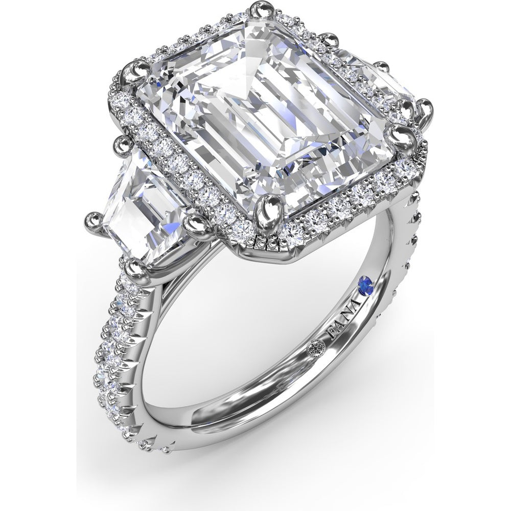 Three Stone Engagement Ring Setting with Diamond Halo and Trapezoid Side Stones by Fana - 2.06 Carat Total Diamond Weight