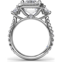 Three Stone Engagement Ring Setting with Diamond Halo and Trapezoid Side Stones by Fana - 2.06 Carat Total Diamond Weight