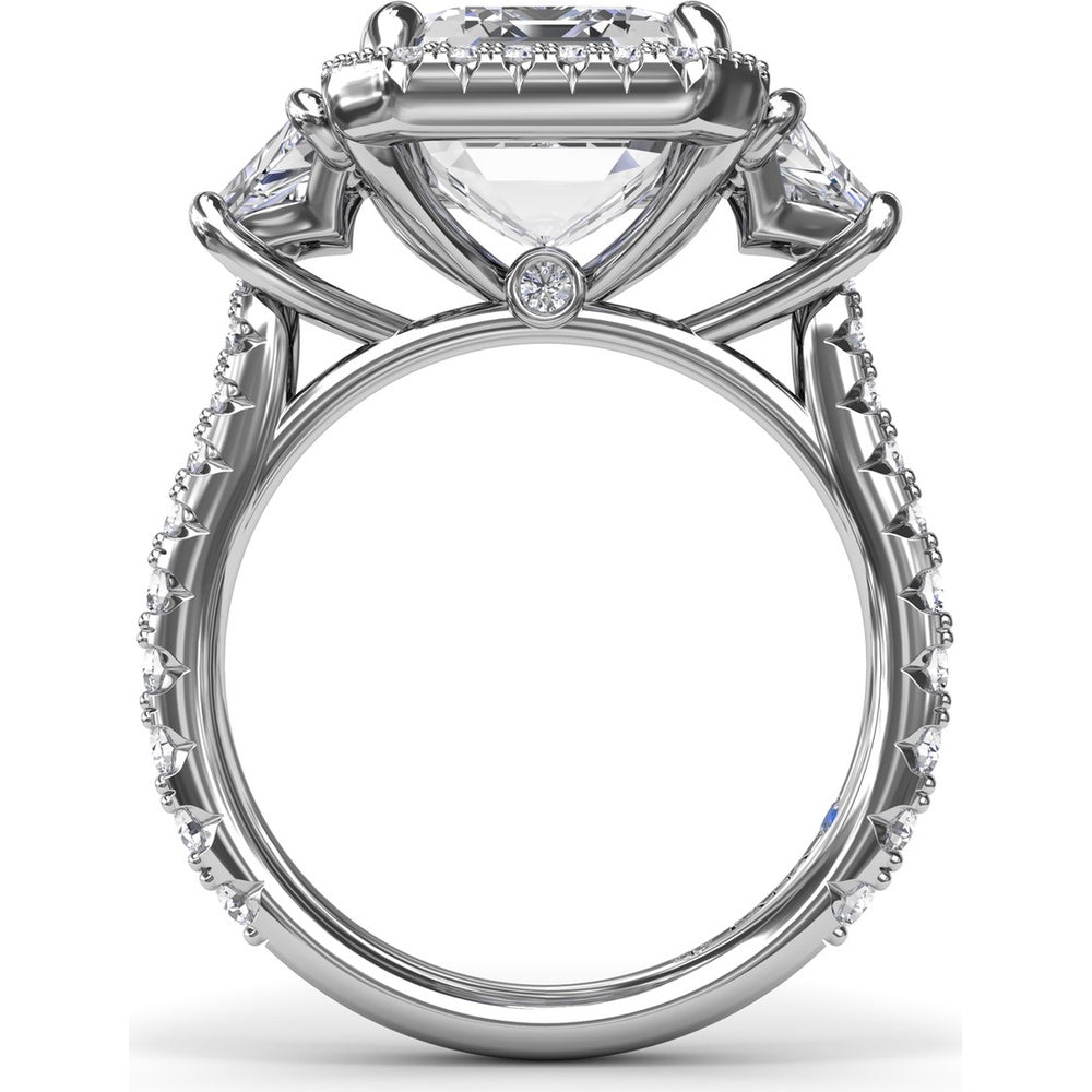 Three Stone Engagement Ring Setting with Diamond Halo and Trapezoid Side Stones by Fana - 2.06 Carat Total Diamond Weight