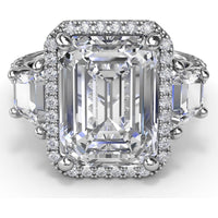 Three Stone Engagement Ring Setting with Diamond Halo and Trapezoid Side Stones by Fana - 2.06 Carat Total Diamond Weight