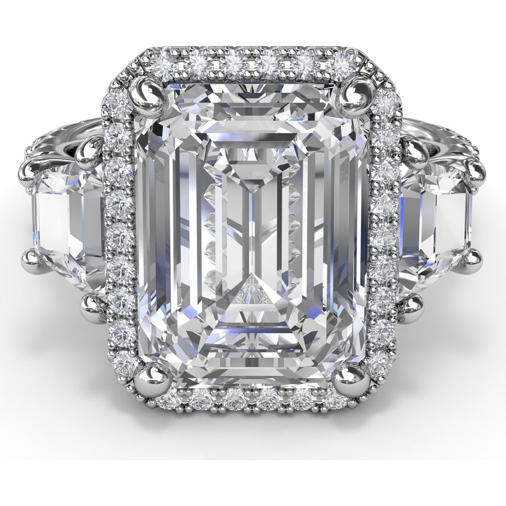Three Stone Engagement Ring Setting with Diamond Halo and Trapezoid Side Stones by Fana - 2.06 Carat Total Diamond Weight