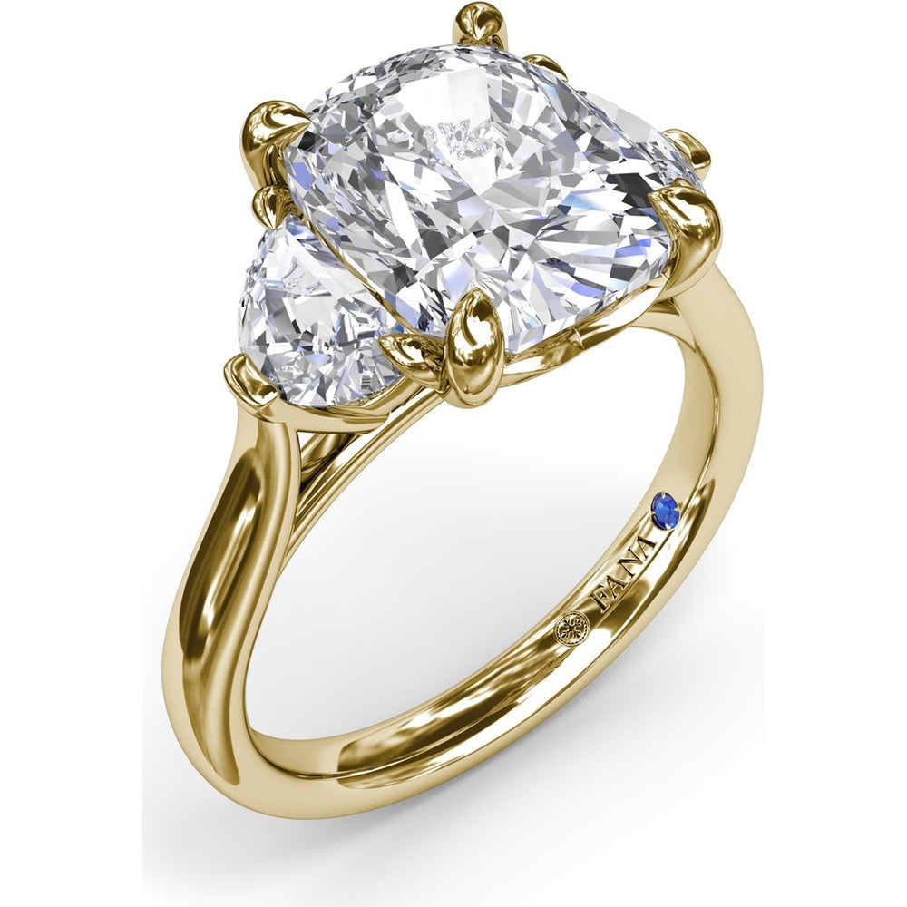 Three-Stone Engagement Ring Setting with Elongated Cushion Mounting, Half-Moon Diamonds, and Peek-a-Boo Diamond Detail by Fana - 0.02 Carat Total Diamond Weight