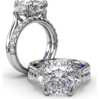 Three-Stone Engagement Ring Setting with Elongated Cushion Mounting, Half-Moon Diamonds, and Peek-a-Boo Diamond Detail by Fana - 0.02 Carat Total Diamond Weight