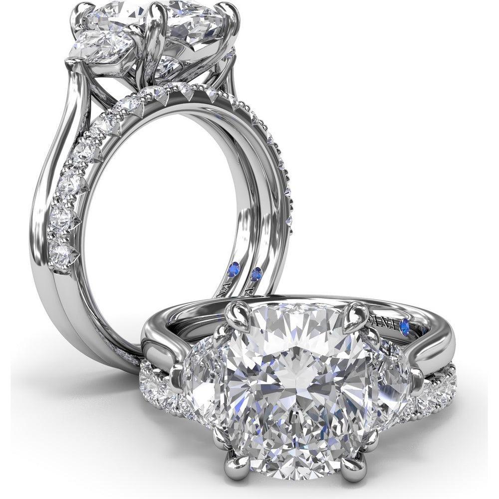 Three-Stone Engagement Ring Setting with Elongated Cushion Mounting, Half-Moon Diamonds, and Peek-a-Boo Diamond Detail by Fana - 0.02 Carat Total Diamond Weight