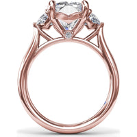 Three-Stone Engagement Ring Setting with Elongated Cushion Mounting, Half-Moon Diamonds, and Peek-a-Boo Diamond Detail by Fana - 0.02 Carat Total Diamond Weight