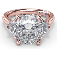 Three-Stone Engagement Ring Setting with Elongated Cushion Mounting, Half-Moon Diamonds, and Peek-a-Boo Diamond Detail by Fana - 0.02 Carat Total Diamond Weight