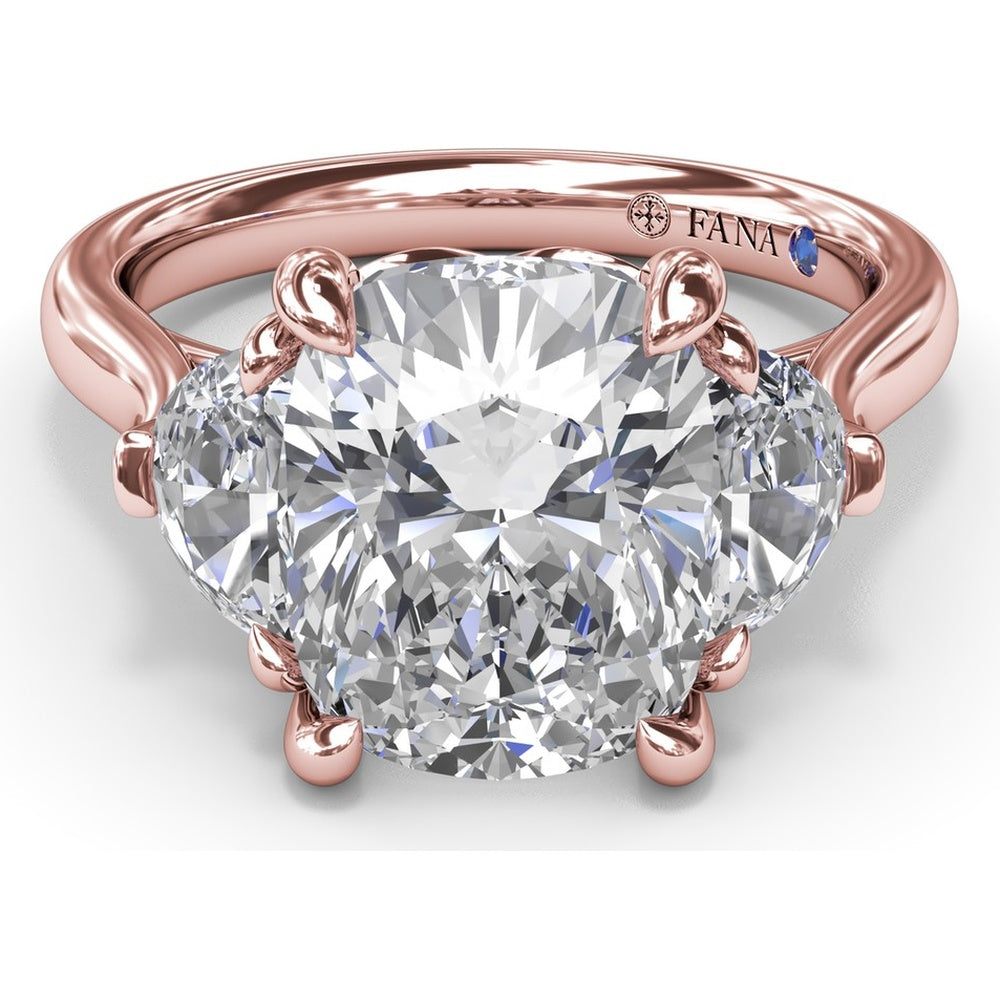 Three-Stone Engagement Ring Setting with Elongated Cushion Mounting, Half-Moon Diamonds, and Peek-a-Boo Diamond Detail by Fana - 0.02 Carat Total Diamond Weight