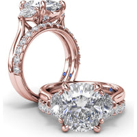Three-Stone Engagement Ring Setting with Elongated Cushion Mounting, Half-Moon Diamonds, and Peek-a-Boo Diamond Detail by Fana - 0.02 Carat Total Diamond Weight