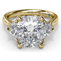 Three-Stone Engagement Ring Setting with Elongated Cushion Mounting, Half-Moon Diamonds, and Peek-a-Boo Diamond Detail by Fana - 0.02 Carat Total Diamond Weight