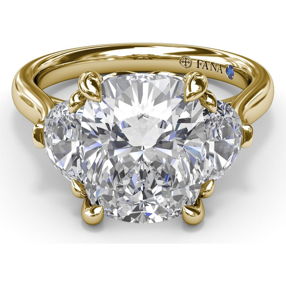 Three-Stone Engagement Ring Setting with Elongated Cushion Mounting, Half-Moon Diamonds, and Peek-a-Boo Diamond Detail by Fana - 0.02 Carat Total Diamond Weight