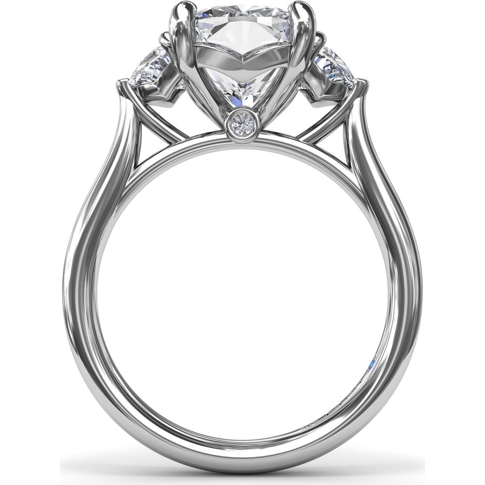 Three-Stone Engagement Ring Setting with Elongated Cushion Mounting, Half-Moon Diamonds, and Peek-a-Boo Diamond Detail by Fana - 0.02 Carat Total Diamond Weight
