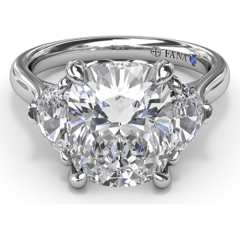 Three-Stone Engagement Ring Setting with Elongated Cushion Mounting, Half-Moon Diamonds, and Peek-a-Boo Diamond Detail by Fana - 0.02 Carat Total Diamond Weight