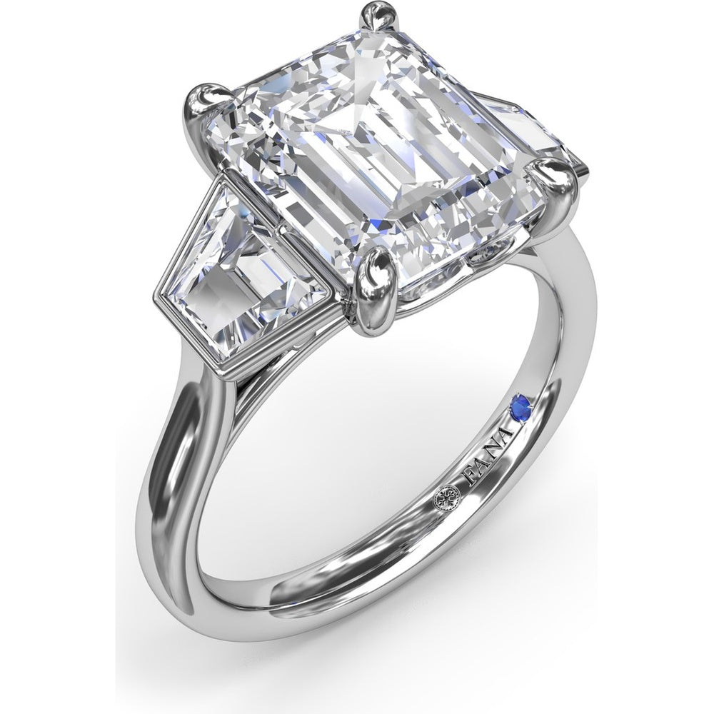 Three-Stone Engagement Ring Setting with Emerald Cut Center and Trapezoid Diamond Sides - 0.02 Carat Total Side Stone Weight by Fana