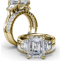Three-Stone Engagement Ring Setting with Emerald Cut Center and Trapezoid Diamond Sides - 0.02 Carat Total Side Stone Weight by Fana