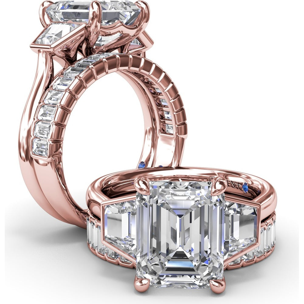 Three-Stone Engagement Ring Setting with Emerald Cut Center and Trapezoid Diamond Sides - 0.02 Carat Total Side Stone Weight by Fana