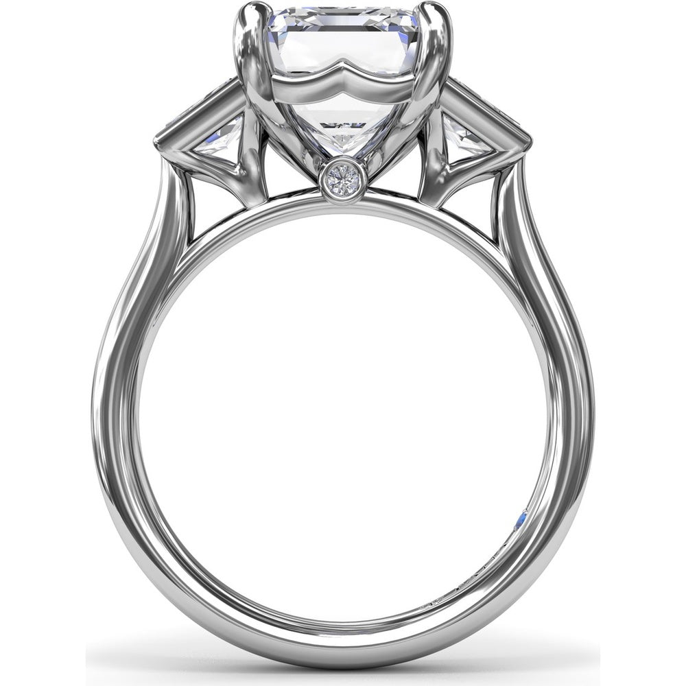 Three-Stone Engagement Ring Setting with Emerald Cut Center and Trapezoid Diamond Sides - 0.02 Carat Total Side Stone Weight by Fana
