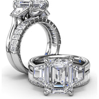 Three-Stone Engagement Ring Setting with Emerald Cut Center and Trapezoid Diamond Sides - 0.02 Carat Total Side Stone Weight by Fana