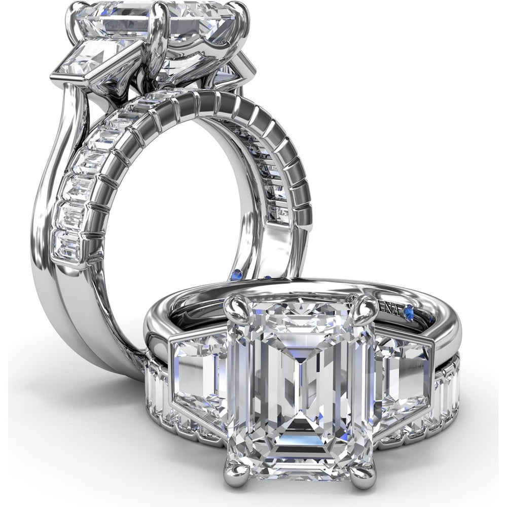 Three-Stone Engagement Ring Setting with Emerald Cut Center and Trapezoid Diamond Sides - 0.02 Carat Total Side Stone Weight by Fana