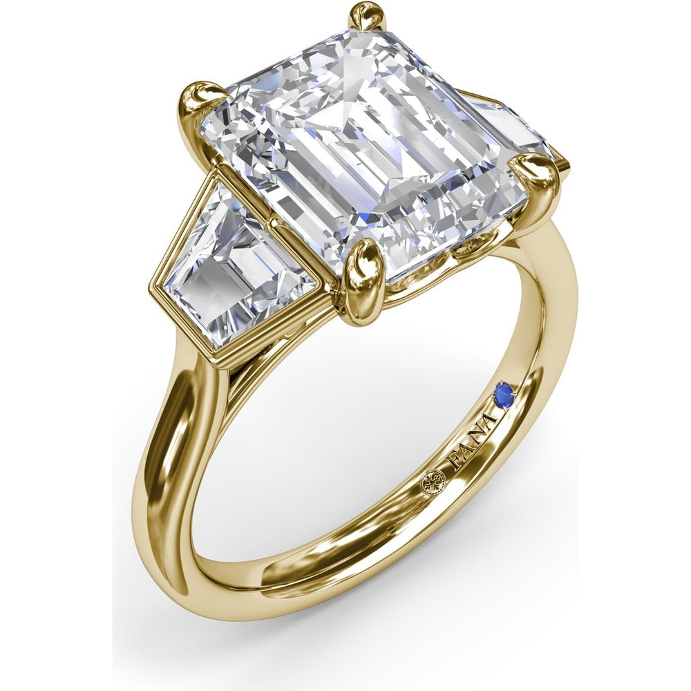 Three-Stone Engagement Ring Setting with Emerald Cut Center and Trapezoid Diamond Sides - 0.02 Carat Total Side Stone Weight by Fana