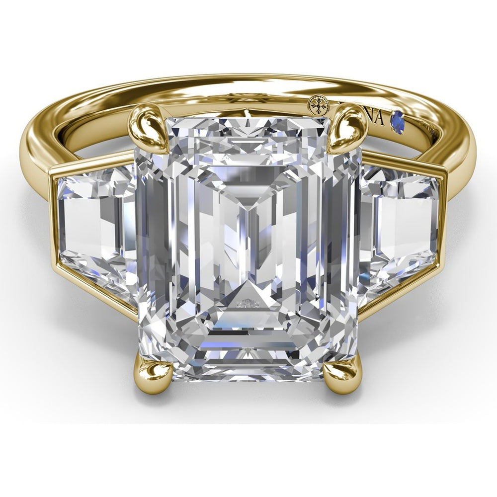 Three-Stone Engagement Ring Setting with Emerald Cut Center and Trapezoid Diamond Sides - 0.02 Carat Total Side Stone Weight by Fana