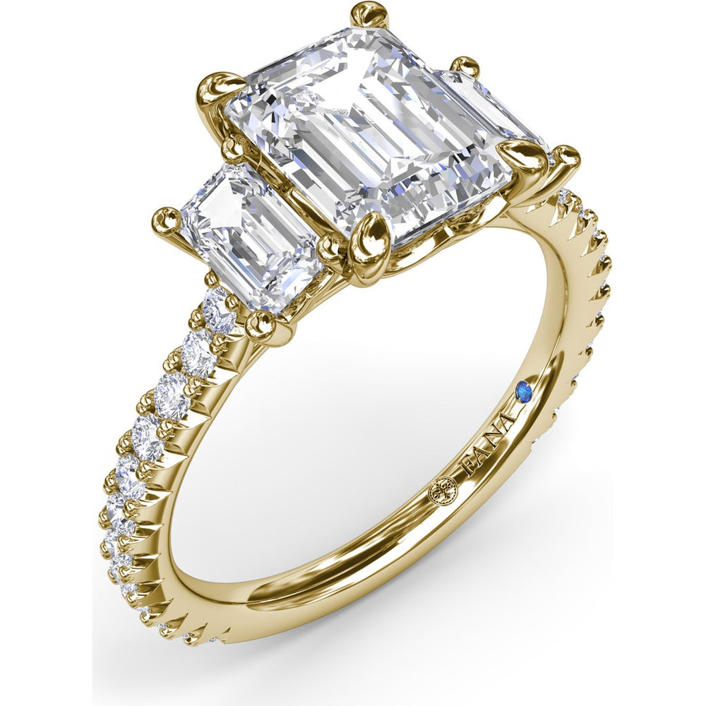 Three Stone Engagement Ring Setting with Emerald Cut Diamonds and Pavé Band by Fana - 1.09 Carat Total Diamond Weight