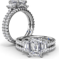 Three Stone Engagement Ring Setting with Emerald Cut Diamonds and Pavé Band by Fana - 1.09 Carat Total Diamond Weight