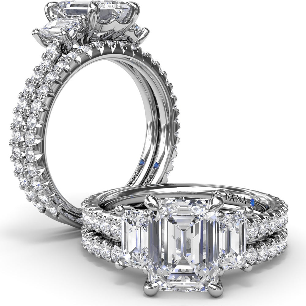 Three Stone Engagement Ring Setting with Emerald Cut Diamonds and Pavé Band by Fana - 1.09 Carat Total Diamond Weight