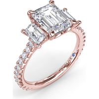 Three Stone Engagement Ring Setting with Emerald Cut Diamonds and Pavé Band by Fana - 1.09 Carat Total Diamond Weight