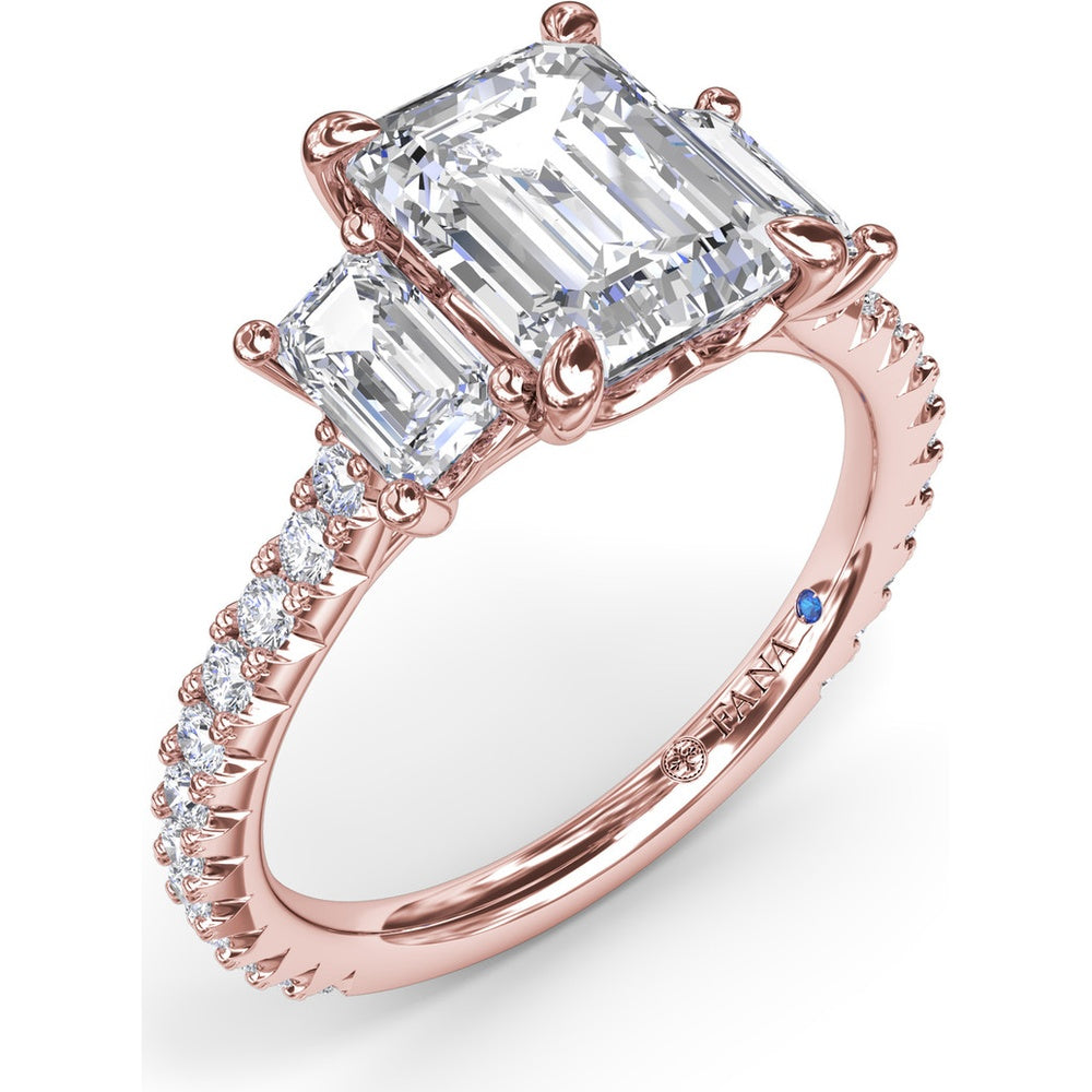 Three Stone Engagement Ring Setting with Emerald Cut Diamonds and Pavé Band by Fana - 1.09 Carat Total Diamond Weight