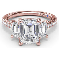 Three Stone Engagement Ring Setting with Emerald Cut Diamonds and Pavé Band by Fana - 1.09 Carat Total Diamond Weight
