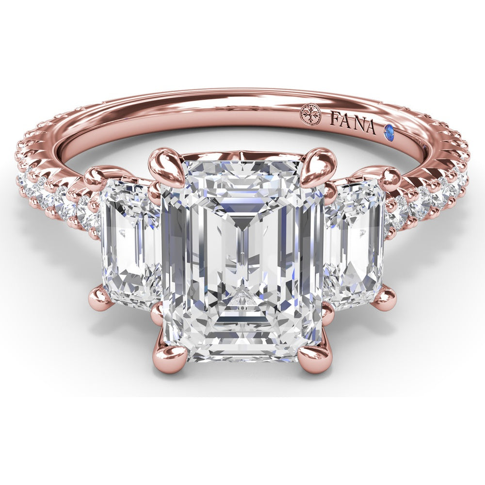 Three Stone Engagement Ring Setting with Emerald Cut Diamonds and Pavé Band by Fana - 1.09 Carat Total Diamond Weight