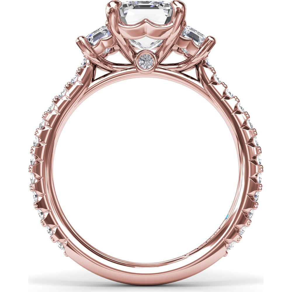Three Stone Engagement Ring Setting with Emerald Cut Diamonds and Pavé Band by Fana - 1.09 Carat Total Diamond Weight