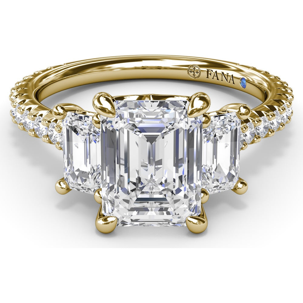 Three Stone Engagement Ring Setting with Emerald Cut Diamonds and Pavé Band by Fana - 1.09 Carat Total Diamond Weight