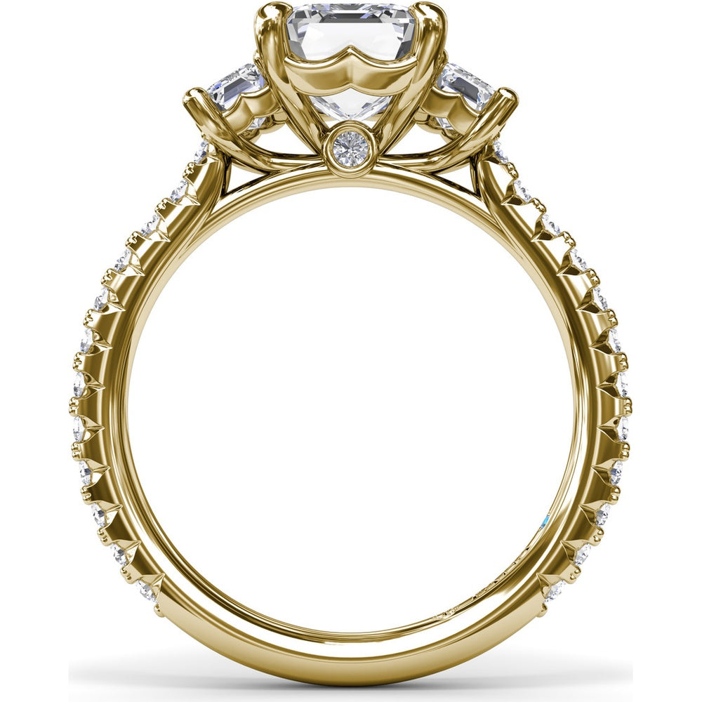 Three Stone Engagement Ring Setting with Emerald Cut Diamonds and Pavé Band by Fana - 1.09 Carat Total Diamond Weight